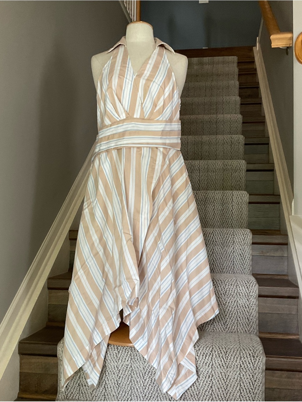 Maeve Striped Halter Handkerchief Hem Dress - Cream & White